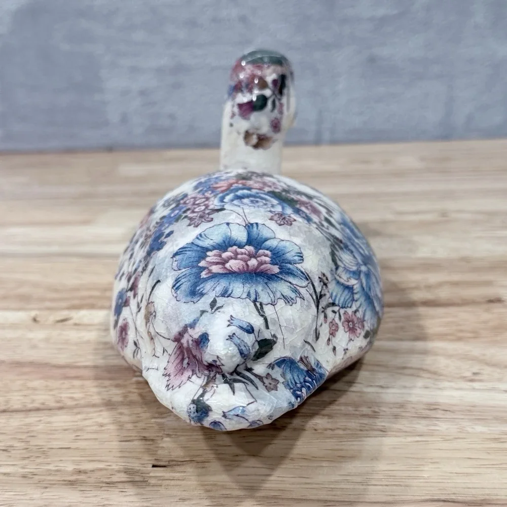 Vintage Floral Chintz Duck‎ Figurine Decoupage Mallard Decoy Blue Pink Botanical